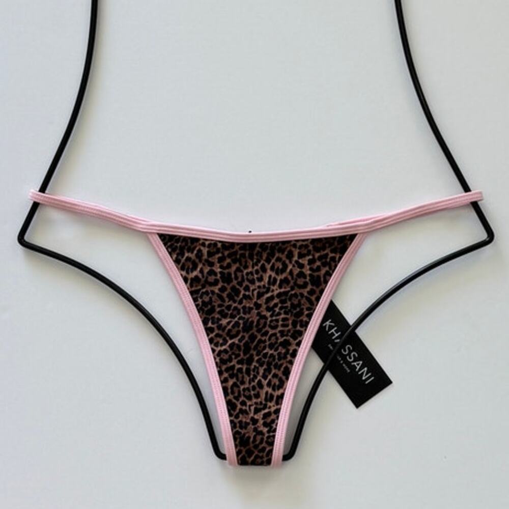 Khassani Swim Contours Pink Leopard Tanga Tiny Bikini Bottom - L - NWT